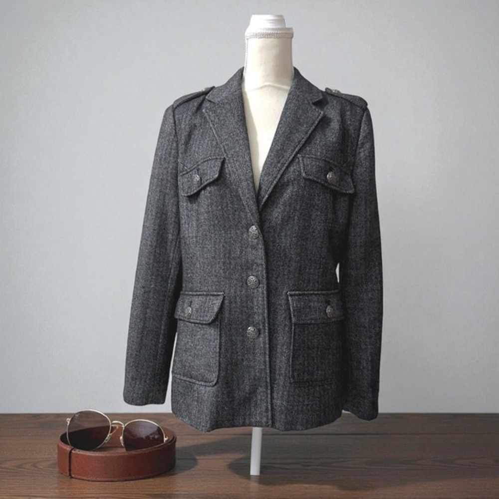 Willi Smith Charcoal Wool Blend Herringbone Tweed Military Blazer Jacket 12